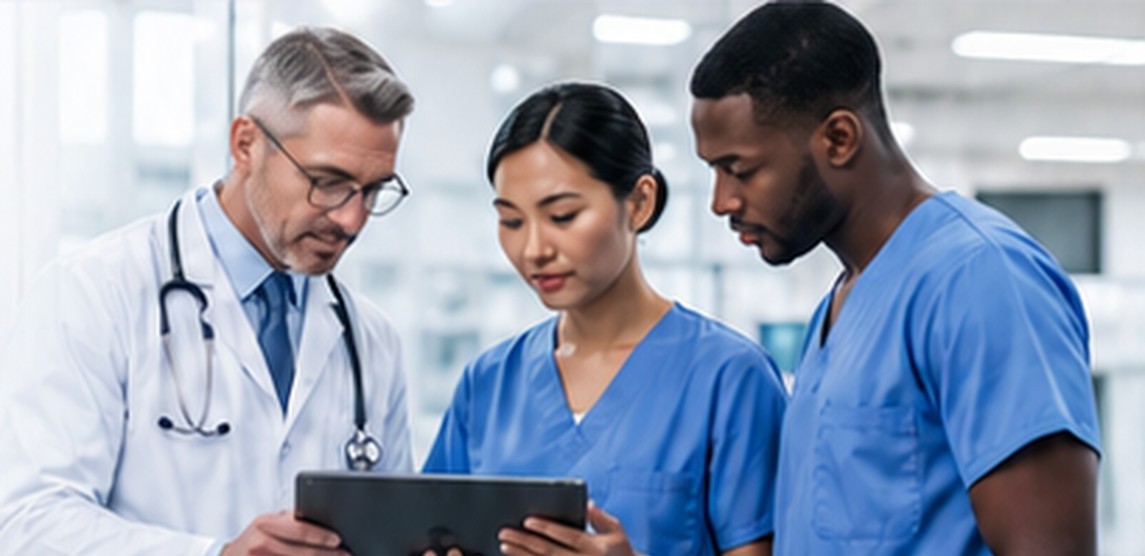 Clinical care team reviewing patient data on a tablet